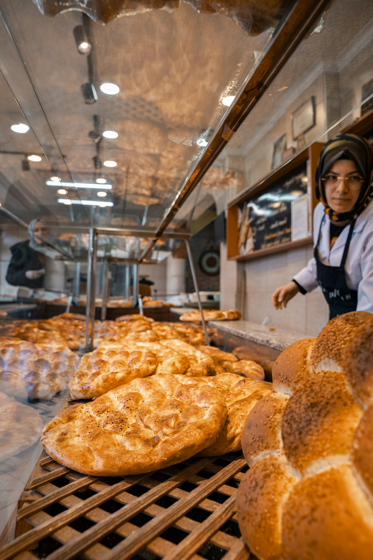 Bread rolls on bakery shelves